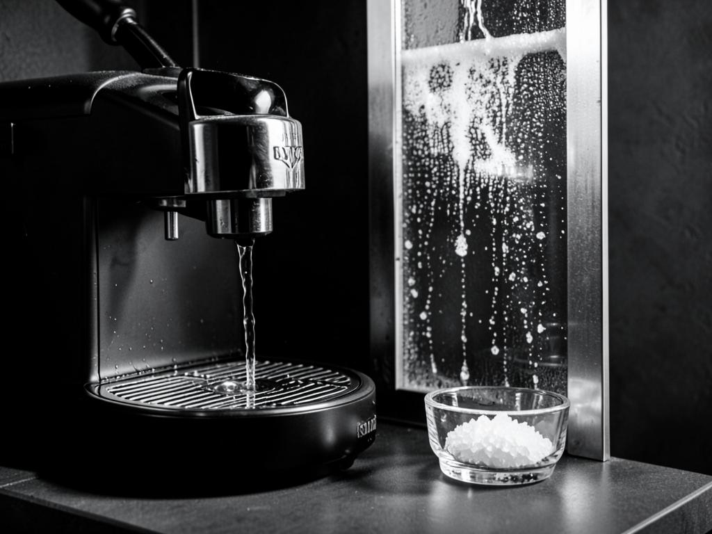 Cafetera espresso durante un proceso de descalcificación, en blanco y negro