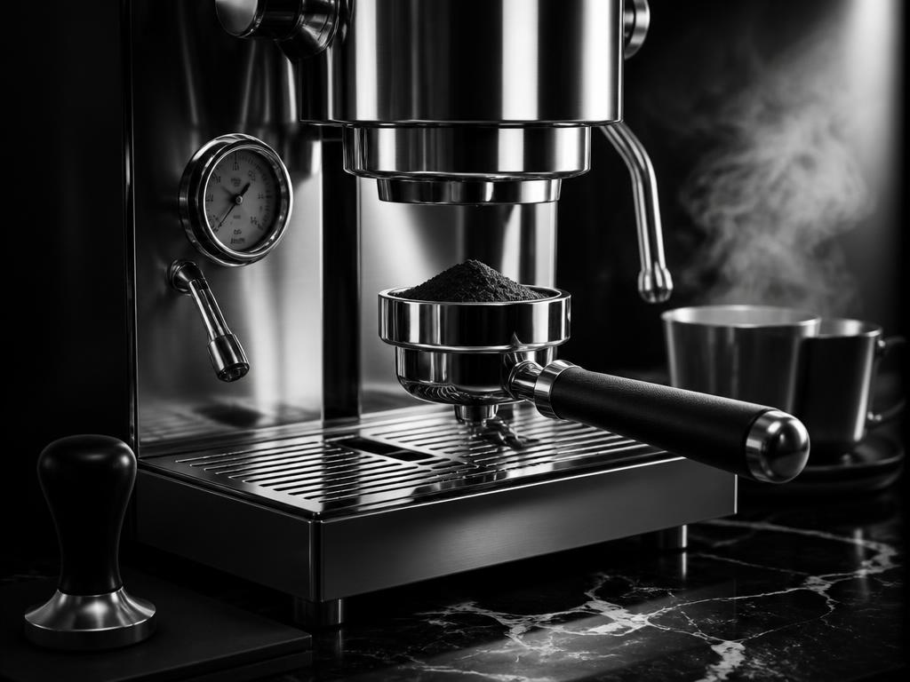 Cafetera espresso premium con portafiltros de 58 mm, manómetro y café recién molido, fotografía en blanco y negro
