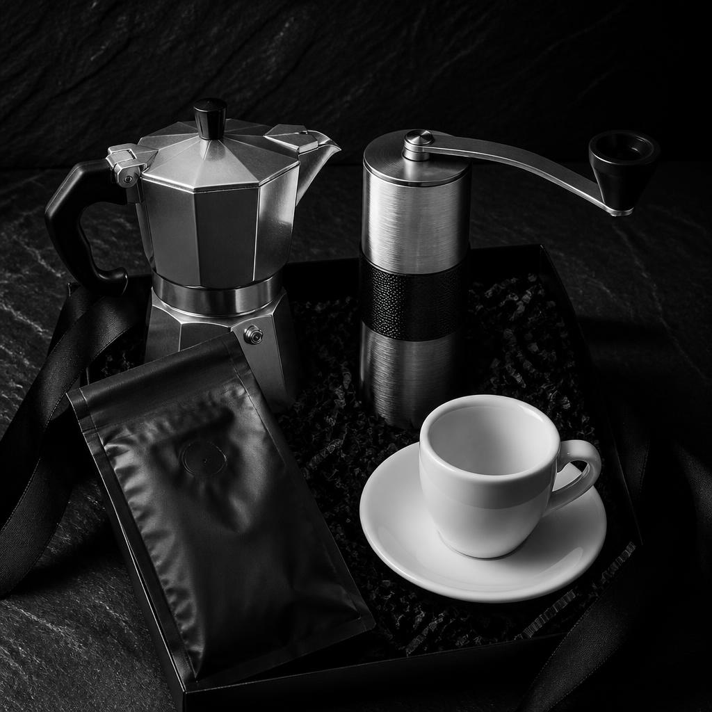 Set de regalo de café con cafetera moka, molinillo manual, bolsa de café en grano y taza de espresso, fotografía en blanco y negro