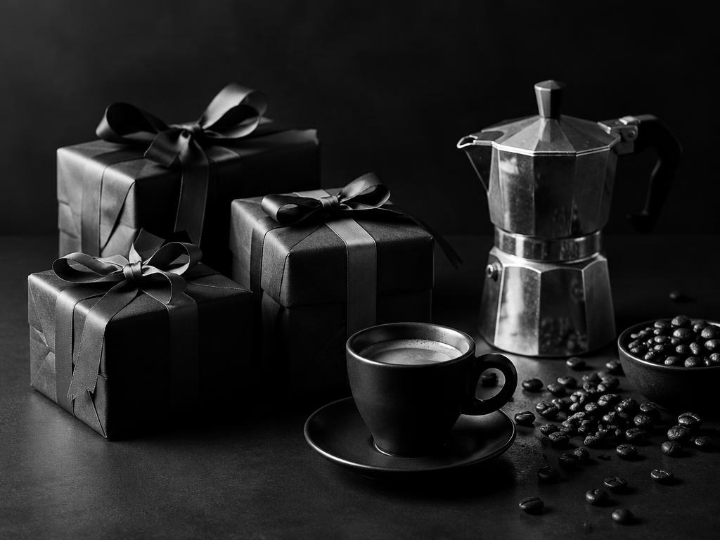 Regalos envueltos junto a una taza de espresso y una cafetera italiana, fotografía en blanco y negro