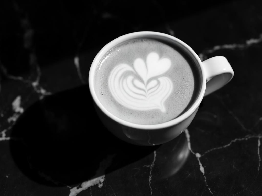 Taza de café con latte art en blanco y negro