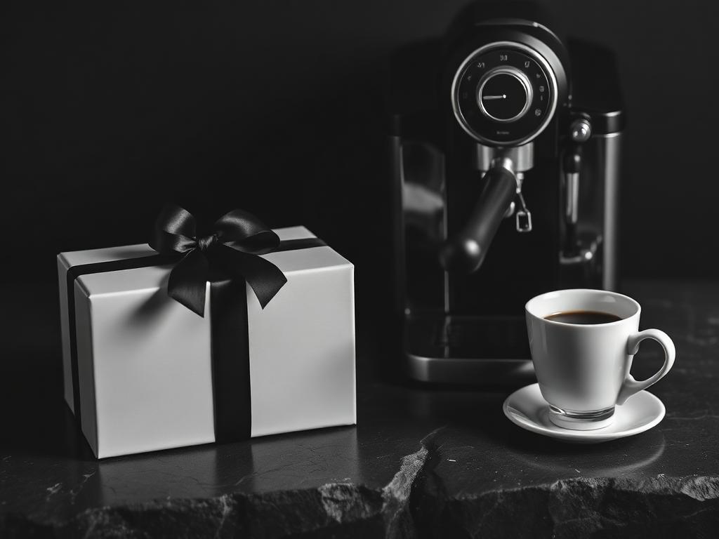 Caja de regalo elegante junto a una cafetera espresso en blanco y negro