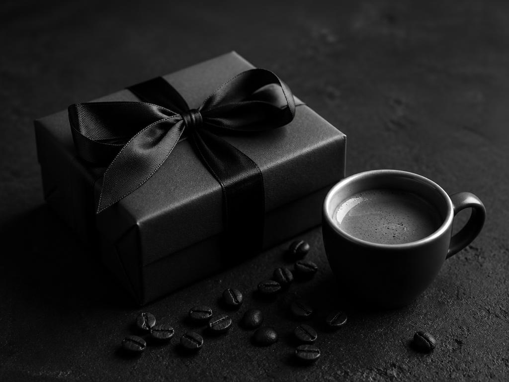 Caja de regalo con lazo junto a una taza de espresso y granos de café, fotografía en blanco y negro