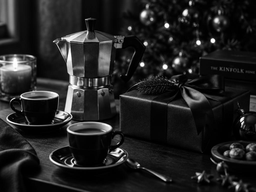 Cafetera moka, tazas de espresso y un regalo con lazo junto a un árbol de Navidad, fotografía en blanco y negro