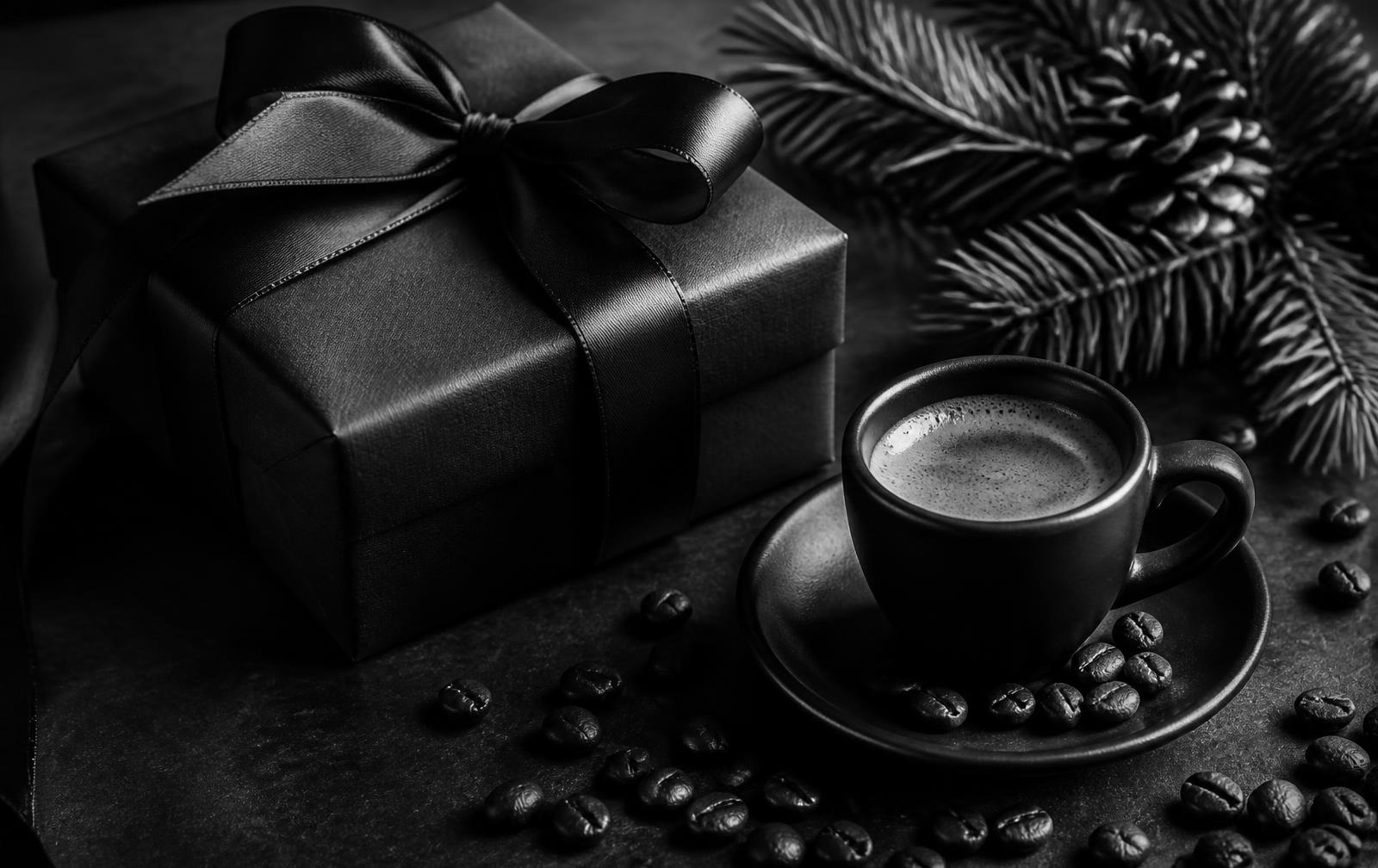 Caja de regalo con lazo junto a una taza de espresso y granos de café, fotografía en blanco y negro